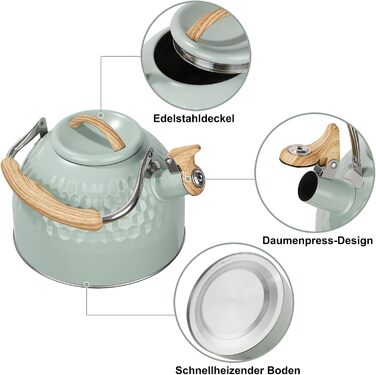BEZORR Чайник-свисток з нержавіючої сталі, 3 літри, Ретро дизайн, для плити, індукції, газової, керамічної