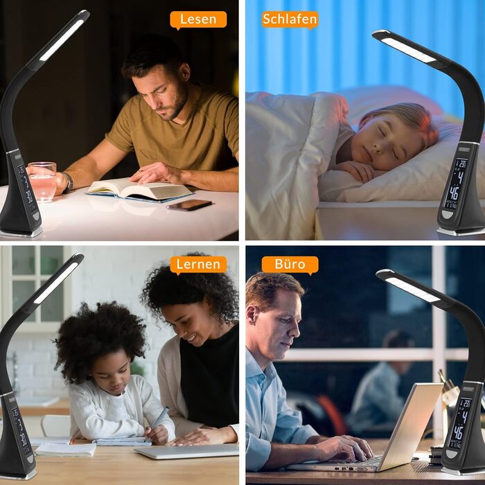 LED лампа Monzana з годинником, будильником, термометром та календарем, регульована яскравість, настільна лампа для дому та офісу (білий/чорний)