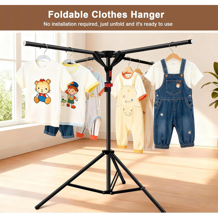 Сушарка для білизни Standtrockner з 4 крилами, 10 гачків та кліпсою для шкарпеток. Складана, регульована по висоті, для дому, балкону, кемпінгу (чорний)