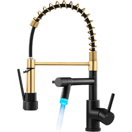 Кран кухонний LED Warmiehomy професійний, 360° поворотний, з двома виливами, високий вигин, спіральна пружина, для мийки, брашований нікель (чорний та золотий)