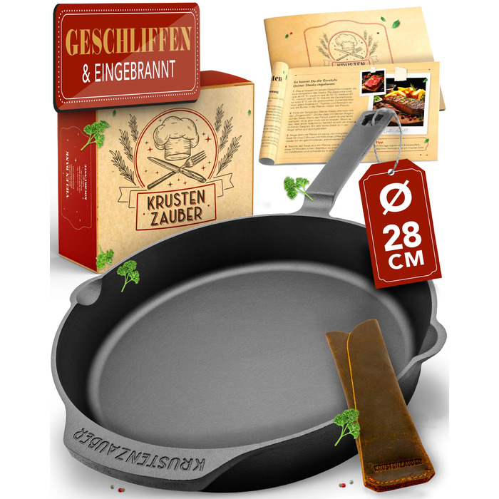 Чавунна сковорода Krustenzauber 28 см для індукції з інструкцією та кулінарною книгою - шліфована чавунна пательня