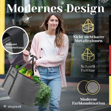 Foldable shopping basket in premium quality | Shopping bag with soft PU leather handle | ideal basket for shopping, 30 liters | stable & secure shopping bag (gray/black)