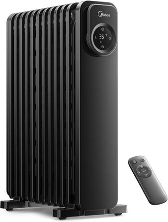 Електричний масляний радіатор Midea 2000W з 9 ребрами, термостатом та захистом від перегріву, тихий нагрівач для дому та офісу, чорний