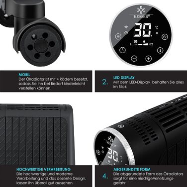 Електричний масляний радіатор KESSER 2500W з WiFi, дисплеєм, термостатом, таймером, сенсорним управлінням і захистом від перегріву, чорний