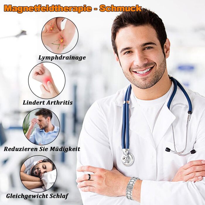 Браслет для лімфодренажу з магнітами для чоловіків, титан, регульований, з інструментом для зняття та подарунковою коробкою (Чорний) (3 ряди срібла)