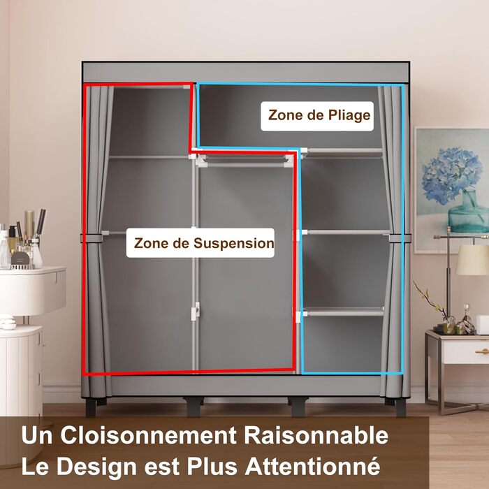 LOEFME Wardrobe, cloth wardrobe with 2 sturdy clothes rails, fabric clothes closet with shelves, open foldable clothes rack, storage for the bedroom, 172 x 130 x 45 cm (Grey)