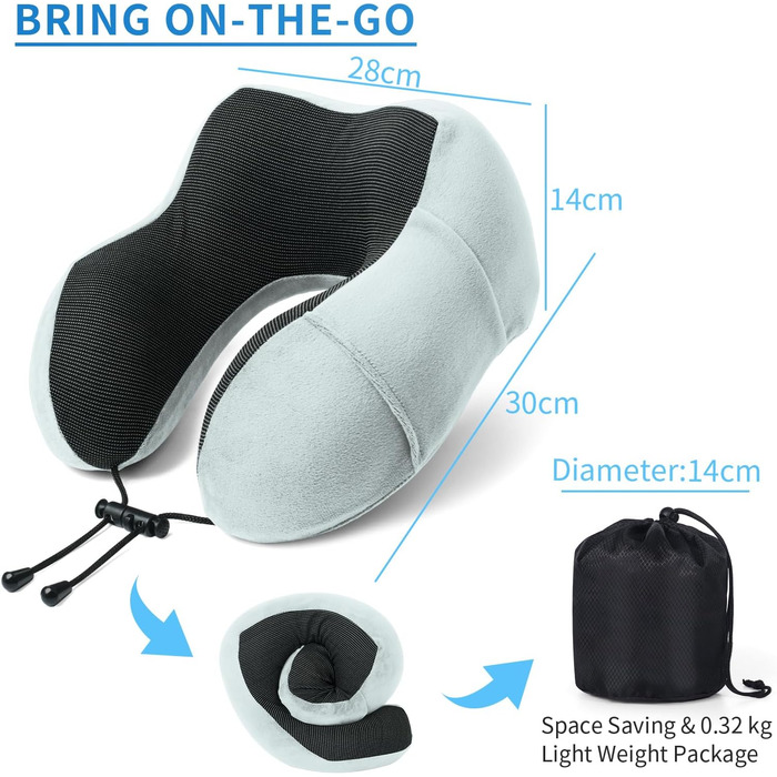 Подушка для шиї SOMLAW (2 шт.) з memory foam, ергономічна, для подорожей, літака, авто, офісу, з маскою для сну та берушами (сіро-білий)