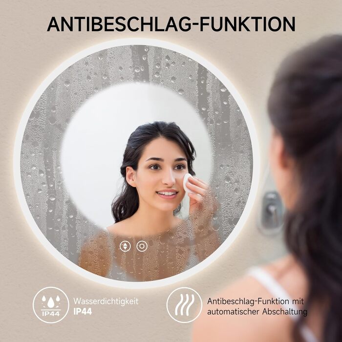 Дзеркало для ванної кімнати YOLEO круглої форми з підсвічуванням, 60 см, з сенсорним вимикачем, захисне скло, 3 кольори світла, регулювання яскравості, 6500K (70x70 см)