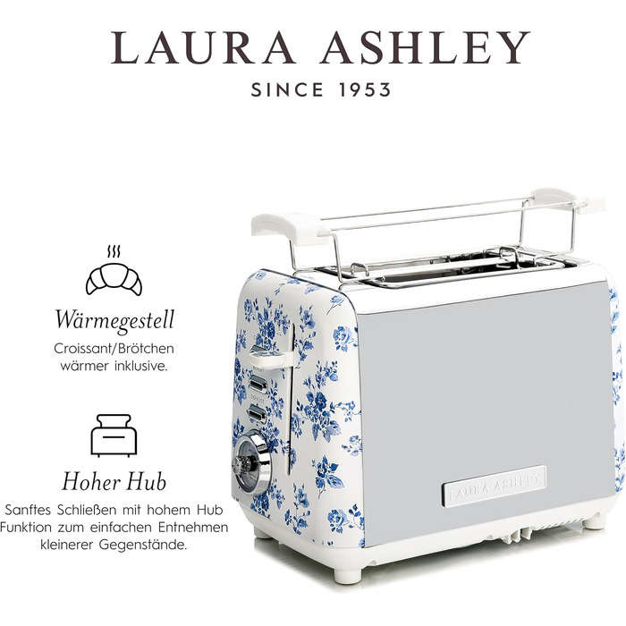 Тостер VQ Laura Ashley з 4-ма тостами, регулюванням нагріву, функцією розморожування та підігріву - модель Vintage з підставою для круасанів, нержавіюча сталь, колір 