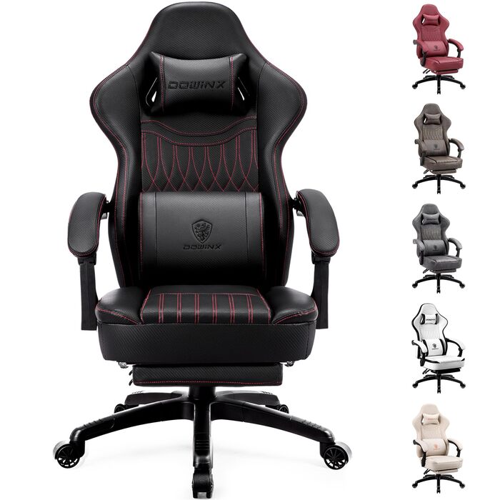 Ігровий крісло Dowinx з підголівником та масажем попереку, ергономічний геймерський крісло з підніжкою, офісне крісло з PU шкірою, чорний