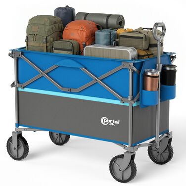Візок садовий портативний Bollerwagen 300L XXL синій: для кемпінгу, пляжу, транспорту, з підскладником та бічними кишенями, вантажопідйомність 120 кг