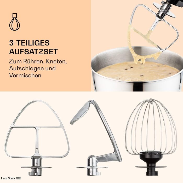 Klarstein Bella Kitchen Machine - Stand Mixer with 6 Speed Settings, Stainless Steel Beater, Pulse Function, Planetary Mixing System, 3 Mixing Attachments, 1200 W Power, cream