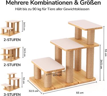 Сходинки для собак FUKUMARU: 3 сходинки з натурального дерева та джуту, регульована висота 18-51 см, витримують до 90 кг, знімний м'який підвішун