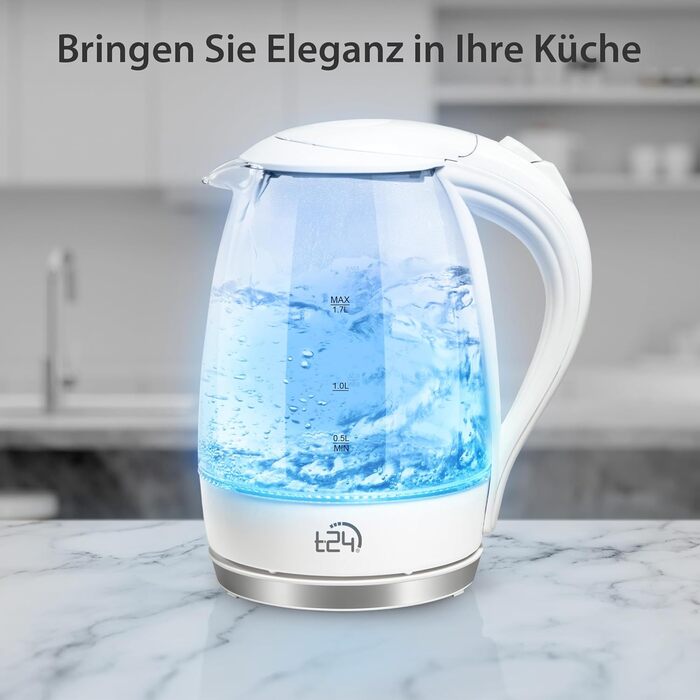 Скляний електрочайник T24 79020 з LED-підсвіткою, 1.7 л, 2200 Вт, захист від википання, без BPA, білий