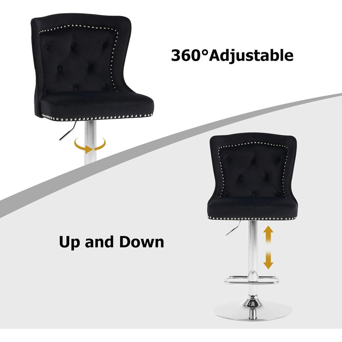 KHISCHMO Velvet Bar Stools 2-Pack - Modern Adjustable Kitchen Counter Barstools with Lion Paw Pulls - 360° Swivel, Black