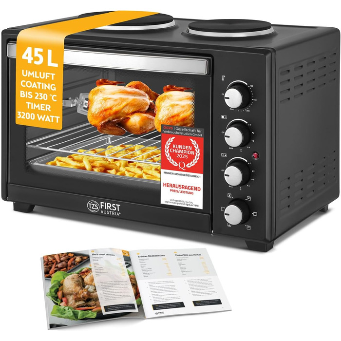 Міні-піч TZS First Austria 45L з плитами 3200W - піч для піци з антипригарним покриттям та 4 рівнями для запікання