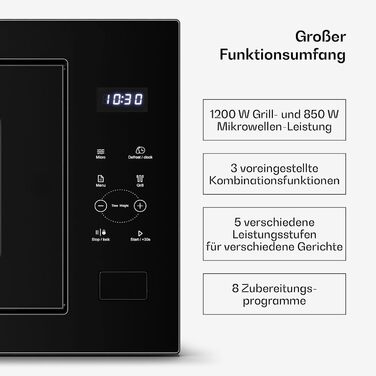 Вбудована мікрохвильова піч Klarstein Velaire 60 см з грилем – 25L, 850W, 8 програм, сенсорне керування, нержавіюча сталь, таймер, білий (чорний)