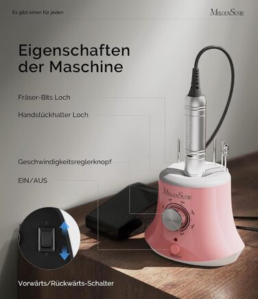 Електричний фрезер для нігтів MelodySusie 30000 об/хв: професійний набір для манікюру та педикюру з педаллю, для гелю та акрилу, білий (C-рожевий)