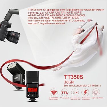 Спалах Godox TT350S TTL для Sony: бездротовий 2.4G, HSS 1/8000s, провідне число GN36, для бездзеркальних камер Sony Speedlite