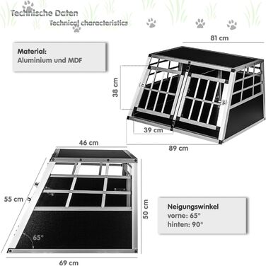Кія для собак з прямою задньою стінкою 90°, вибір розміру, 2 двері, перегородка, 2-дверний, перегородка 89×69×50 см