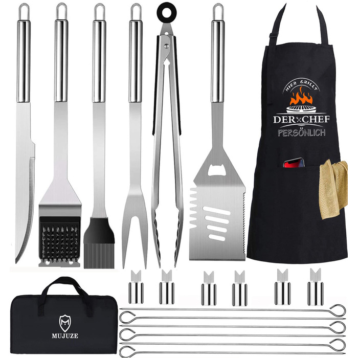 Набір гриль-посуду з нержавіючої сталі 20 предметів: щипці, лопатка, фартух для барбекю, кемпінгу та відпочинку на природі