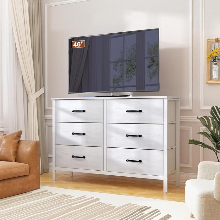 LYNCOHOME Chest of Drawers with Drawers, Fabric Chest of Drawers, TV Stand Sideboard with 6 Fabric Drawers, Storage Cabinet Bedroom Drawer Chest Kitchen Storage Furniture for Office Hallway