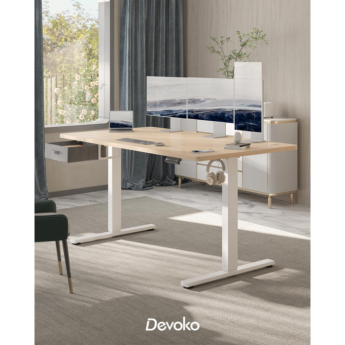 Регульований стіл Devoko 160x80 см з ящиками, USB-порт, органайзер для кабелів, стіл для комп'ютера з 3 функціями пам'яті, білий