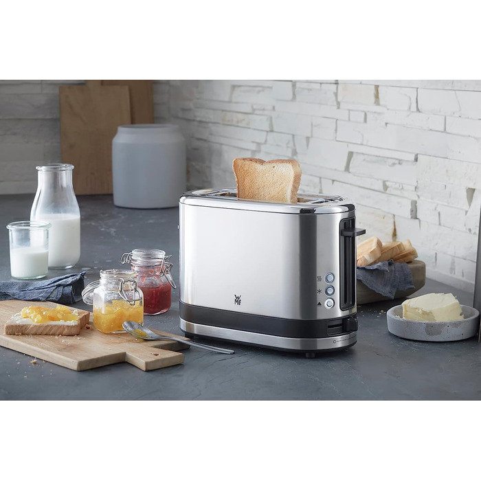 WMF Kitchen Mini 1-Slice Toaster, Long Slot XXl-Toast, Mini Toaster with Roll Attachment, 7 Browning Levels, Overheat Protection, 600W, Matte Stainless Steel, Single