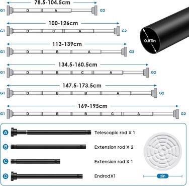 Телескопічна штанга для карнизи/душової завіси, чорна, 79-195 см. Кріплення без свердління. Телескопічна штанга для карнизи/душової завіси.