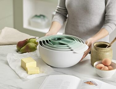 Joseph Joseph Nest 9 Plus, 9-piece compact food preparation set with mixing bowls, measuring cups, colander and sieve, Editions Range, Sage Green, Green