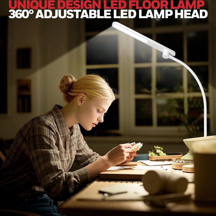 LED торшер Honeywell F4 Sunturalux™ з регулюванням яскравості, гнучкий гніздовий з'єднувальний елемент, сучасний дизайн для комфортного читання у вітальні, спальні, офісі (білий)