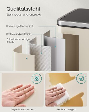 Відро для сміття SONGMICS 50 л, нержавіюча сталь, знімний внутрішній відро, Soft-Close, з кришкою та ручками, кремовий (LTB595E01)