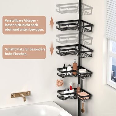 Настінна поличка для душу YIGII з телескопічною штангою, з нержавіючої сталі, чорна, 4 яруси, без свердління, з тримачем для зубних щіток, регульована 63.5–290 см