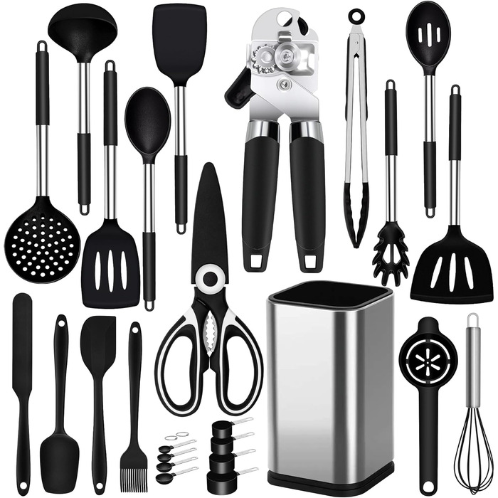 Kitchen Helper Set, 26-Piece Silicone Kitchen Utensils Set, Heat-Resistant Cookware with Utensil Holder, Silicone Spatulas, Cooking Spoons, Anti-Stick Spatulas, BPA Free, Dishwasher Safe, Black