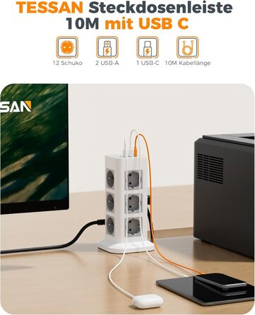 Блок живлення TESSAN з захистом від перенапруги, 3600W, 16A, 12 розеток, 2 USB-A, 1 USB-C, 2м кабель, сірий