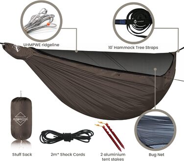 Onewind Premium 11' Camping Zippered Hammock, Single Portable Hammock with Mosquito Net and Tree Straps for Travel, Camping, Backpacking, and Hiking… (Braun, 335cm*162cm)