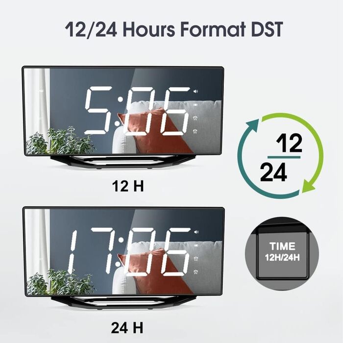 Loud alarm clock with bed shaker for heavy sleepers, digital dual alarm clock with vibration, 8.7'' LED mirror alarm clock for children, teenagers, 7 volume levels and dimmer, battery backup, snooze, 12/24H-DST