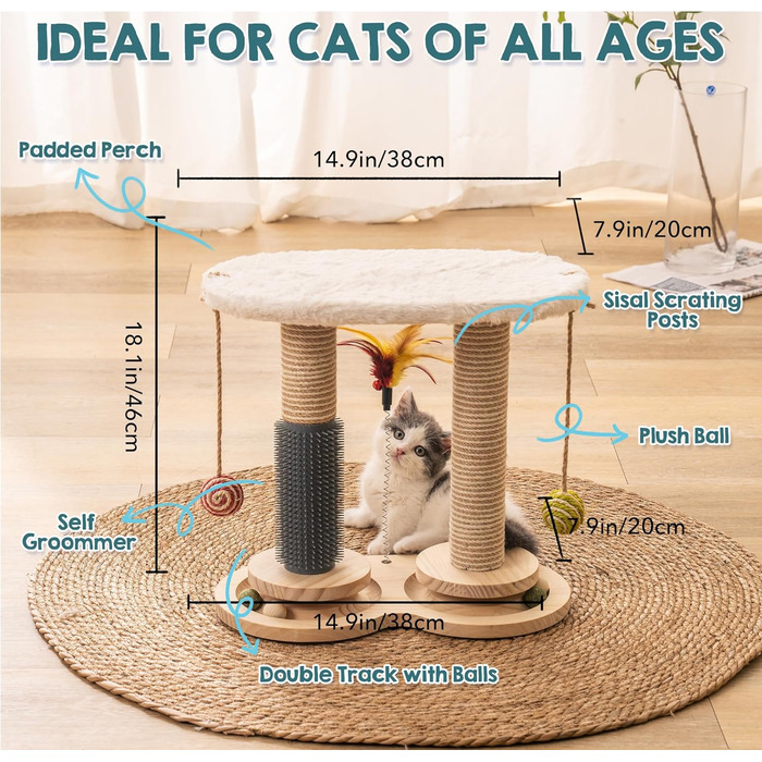 MEWOOFUN 2-Layer Rotating Kitten Toy Cat Toy Self-Entertainment - Cat Toy Roller for Indoor Cats with Natural Sisal Scratcher Cat Self-Care, (white)