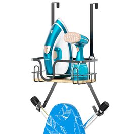 Настінна підставка для прасувальної дошки з кріпленням над дверима, чорна, з великим кошиком та знімними гачками