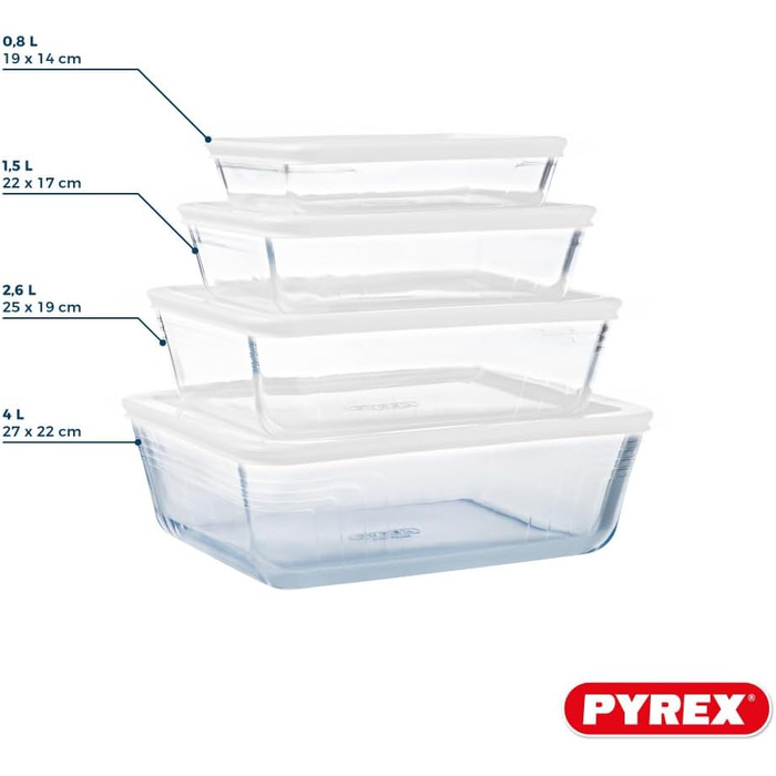 Pyrex® - Cook & Freeze – 4 Glass Containers with Airtight Lid (0.8 l, 1.5 l, 2.6 l, 4 l) – specially designed for freezing – BPA-free