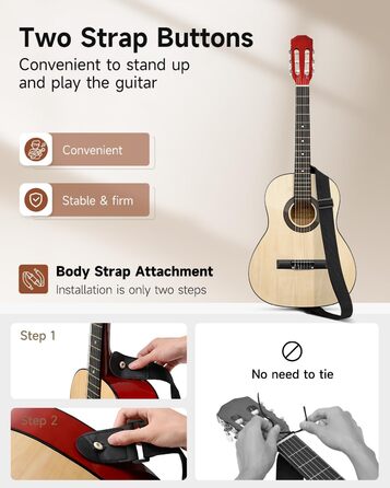 Акустична гітара Moukey для початківців, дітей, підлітків та дорослих, Cutaway, повний комплект з тюнером, мешком, медіатором та нейлоновими струнами (36 дюймів, натуральний колір)