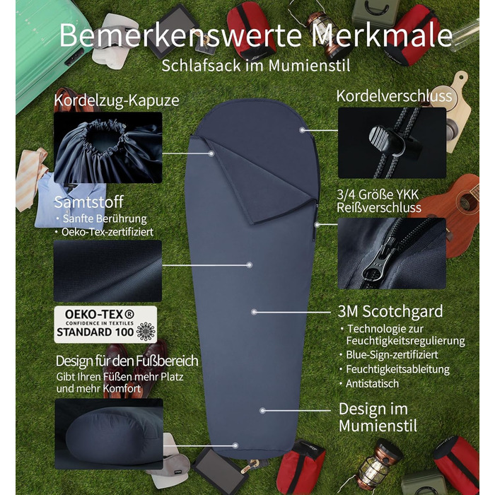 Litume Thermolite/Velour Sleeping Bag Liner 12°C/ 8°C, All-Season Anti-Static Mummy Sleeping Bag Liner Backpack Camping Lightweight Sleeping Bag with Drawstring Hood Hut Sleeping Bag Hiking