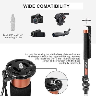 Штатив монопод Cayer з вуглецевого волокна, 172.7 см, телескопічний, для DSLR та відеокамер