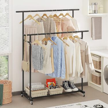 Clothes Rack with Double Rod, Rolling Clothes Rack, Portable Clothes Rack for Bedroom, Living Room, Clothing Store (Black)