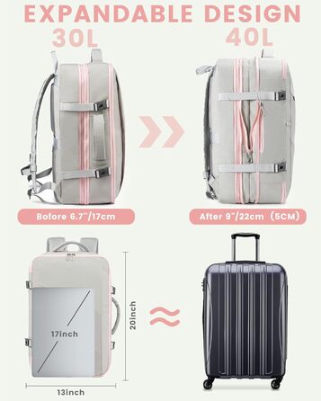 Рюкзак LOVEVOOK 30-40L для ручної поклажі, розширюваний, для ноутбука 17 дюймів, антикрадійний, чорний (17,3 дюйми, рожево-сірий)