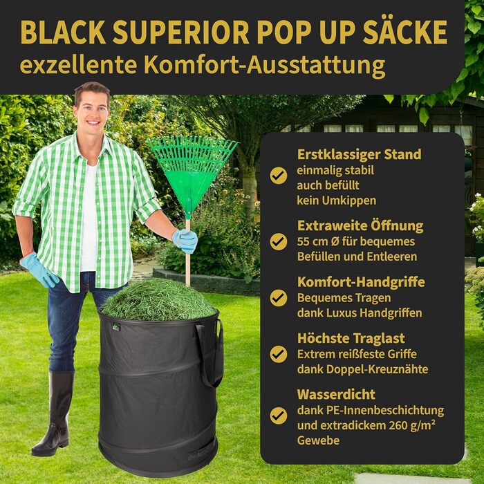 Комплект мішків для садового сміття TTL Garden BLACK SUPERIOR 3×170 л, самостійно встановлювані, подвійне дно, 260 г/м², міцний 600D Oxford, складаний, для листя та гілок