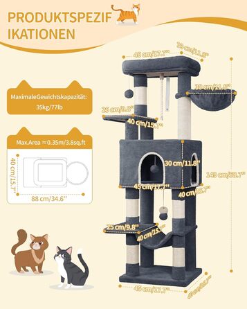 Дерево для котів Hzuaneri, 149 см, з 5 стовпчиками для шліфування, великими платформами, гніздом-хованкою, багатоярусне, з помпонами, MS14918LG (темно-сірий)