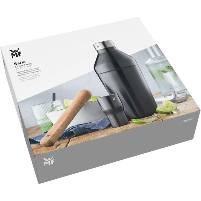 Набір бармена WMF Baric Cocktail Set 4-piece: шейкер, мірний стакан, щипці для льоду, мадлер, дерев'яний, у подарунковій коробці