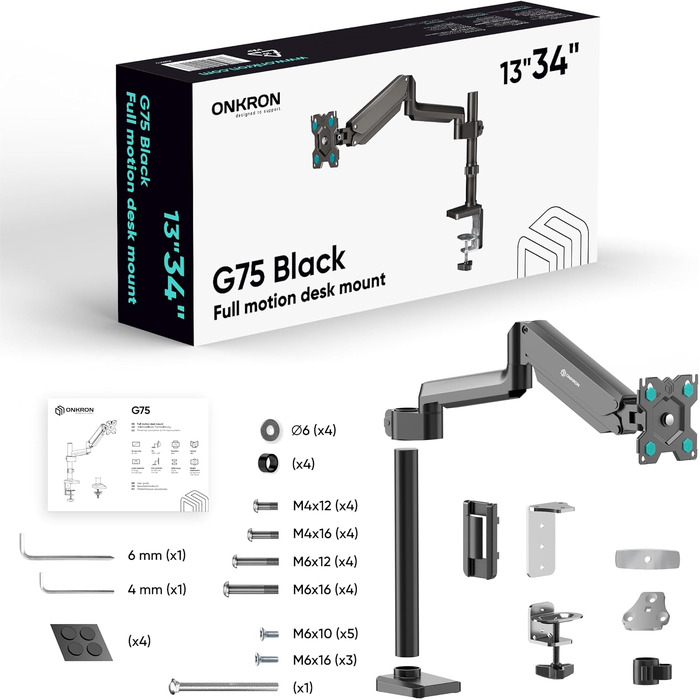Кронштейн для монітора ONKRON G75-B, 13-34 дюйми, до 12 кг, VESA 100x100, чорний