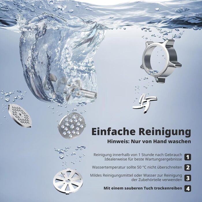 М'ясорубка електрична AIRMSEN з насадкою для ковбас, 2 сталеві ножі, 3 диски, насадка Kubbe, потужний мотор, нержавіюча сталь